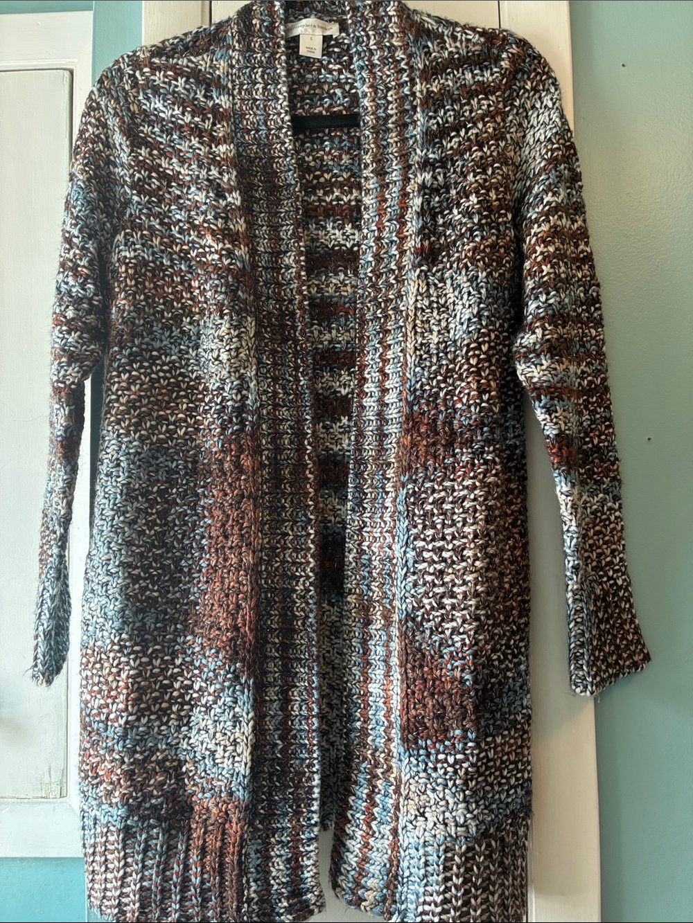 Christopher & Banks Marled Open-Front Cardigan in Brown & Blue